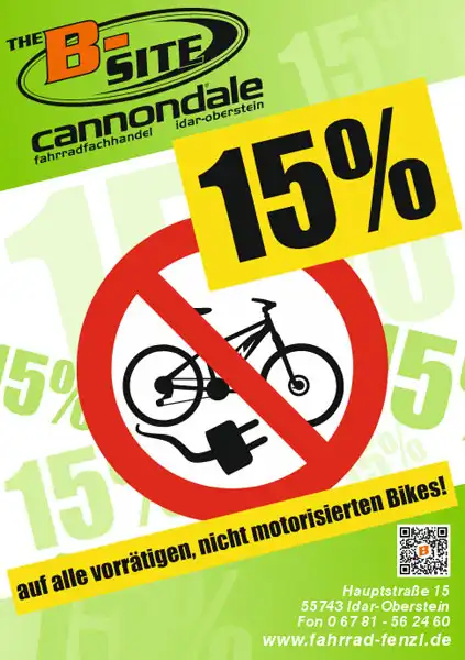 15% Rabatt auf alle vorrätigen, nicht motorisierten Bikes